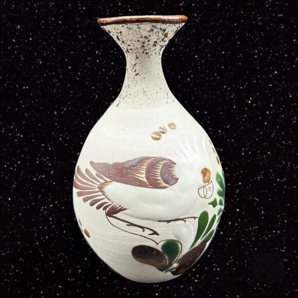 Mexico Folk Art Pottery Vase Signed MDRA Cuckoo Bird Painted 5.5”T 1.75”W - Picture 1 of 11